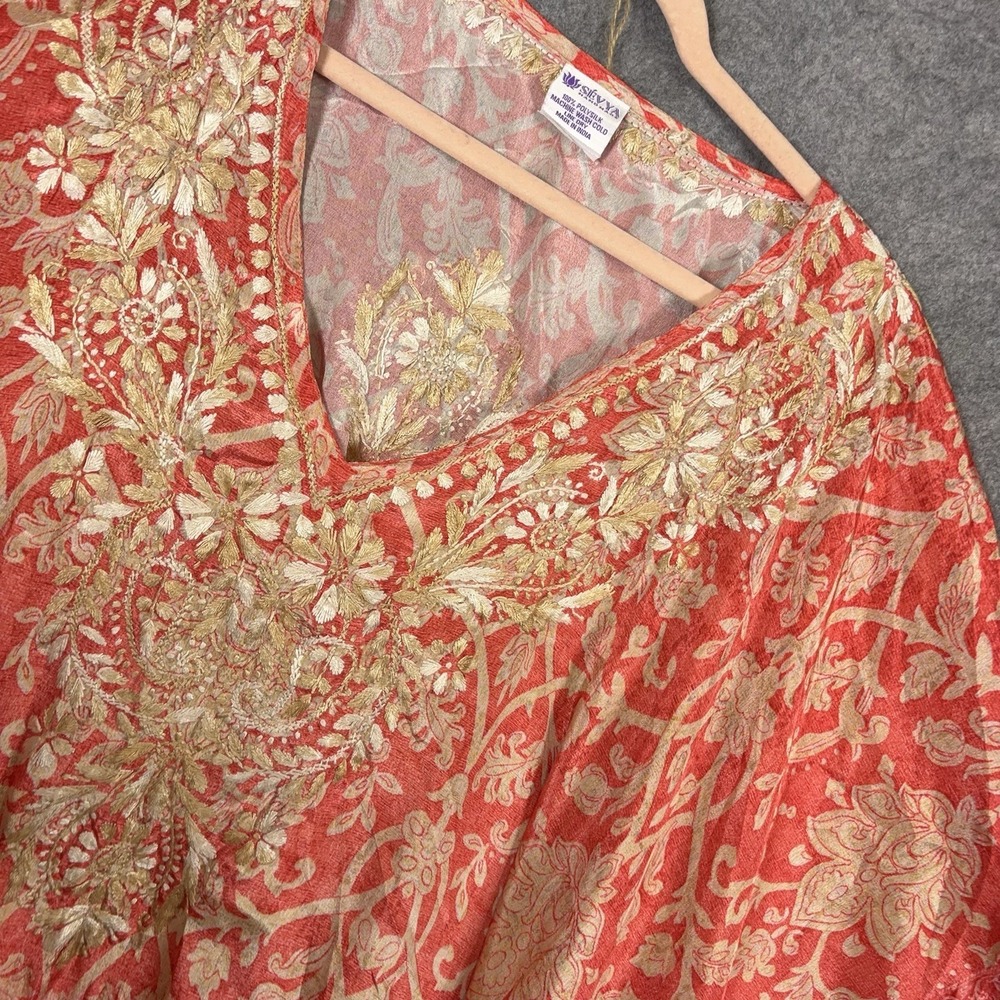 Sevya‎ Handmade Kaftan Poncho One Size Red Polysilk Embroidered Boho